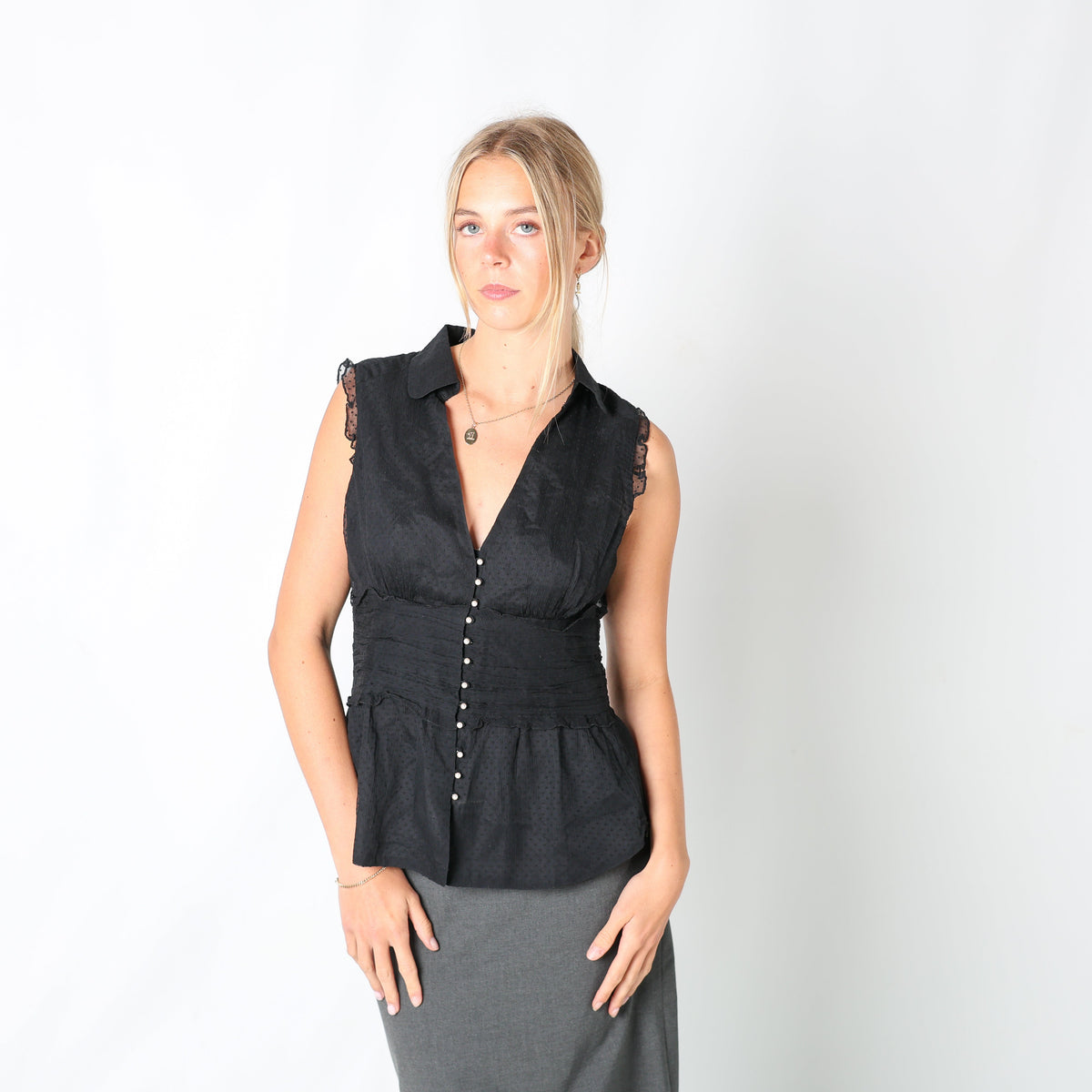 Black 90s Blouse Pearl Buttons (M)