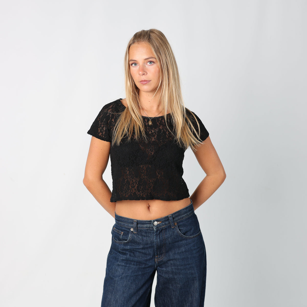 Black Y2K Woven Top Sheer Lace (S)