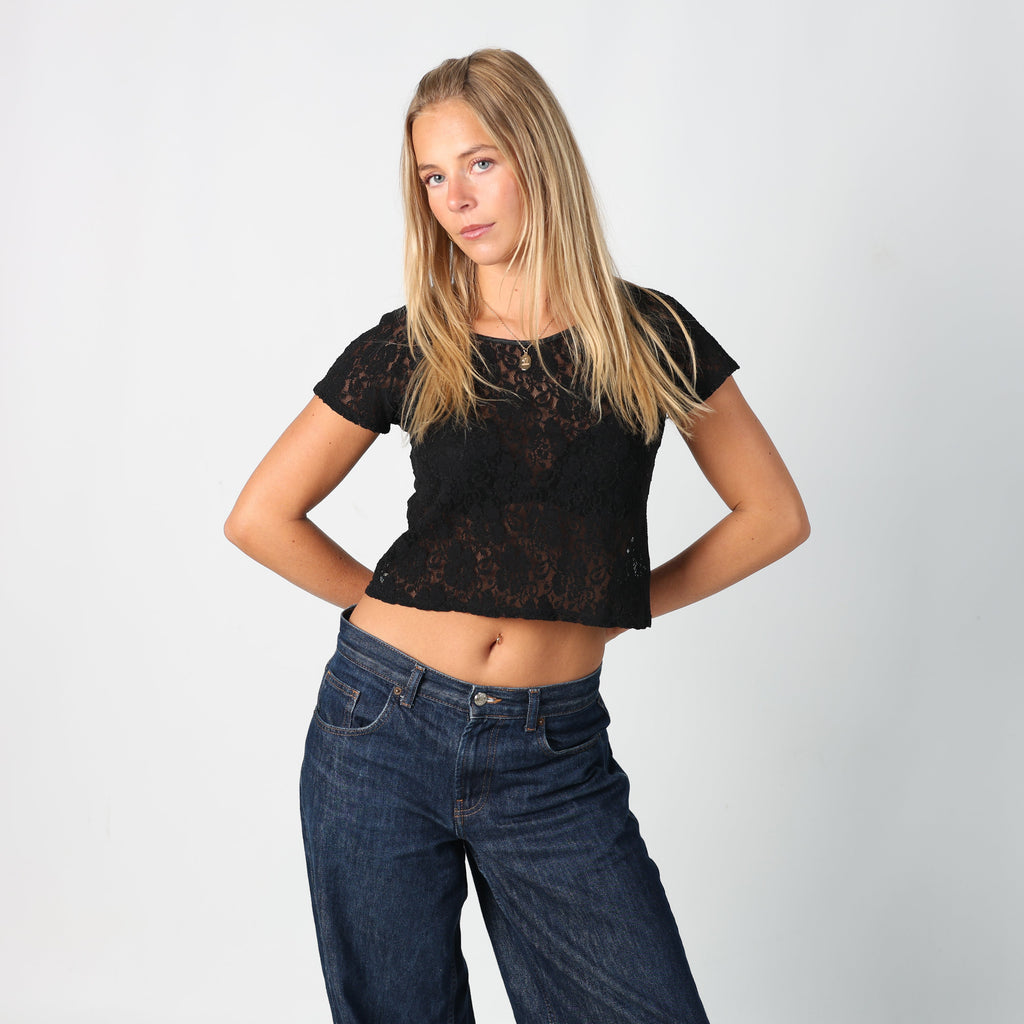 Black Y2K Woven Top Sheer Lace (S)