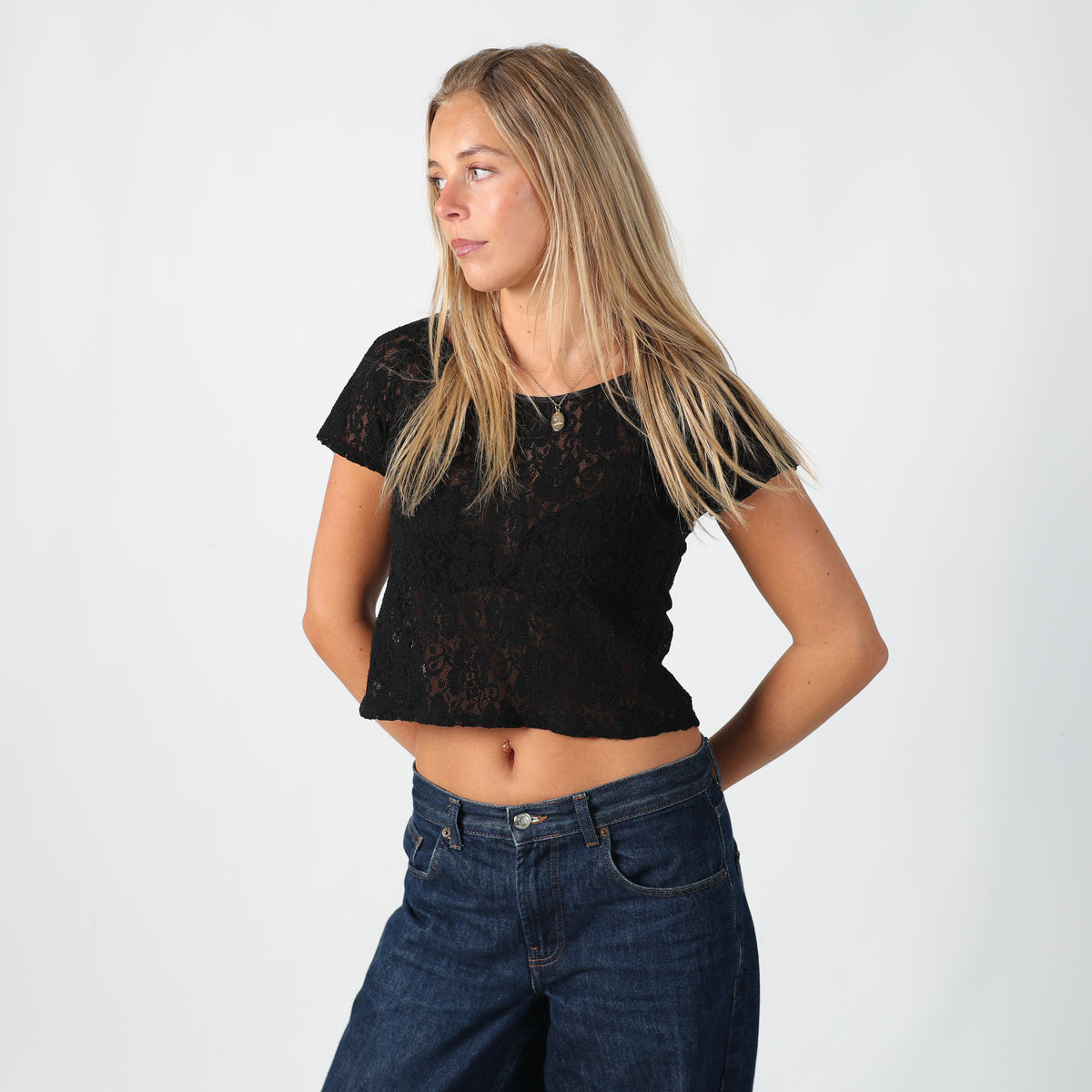 Black Y2K Woven Top Sheer Lace (S)