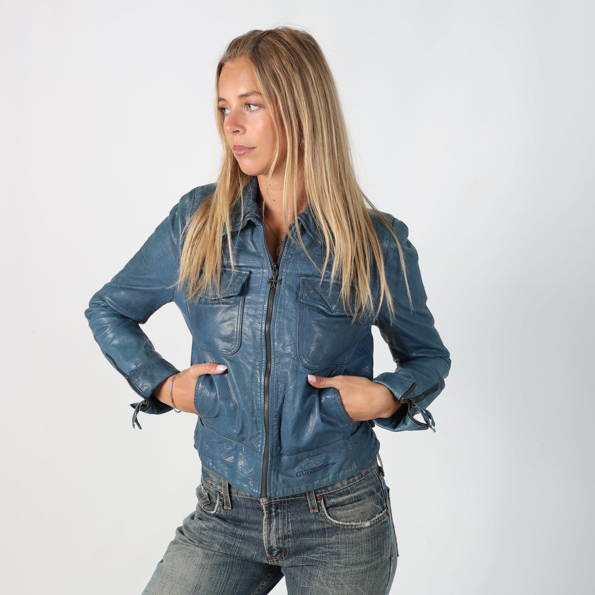 Blue 90s Guess Jeans Leather Jacket (S)
