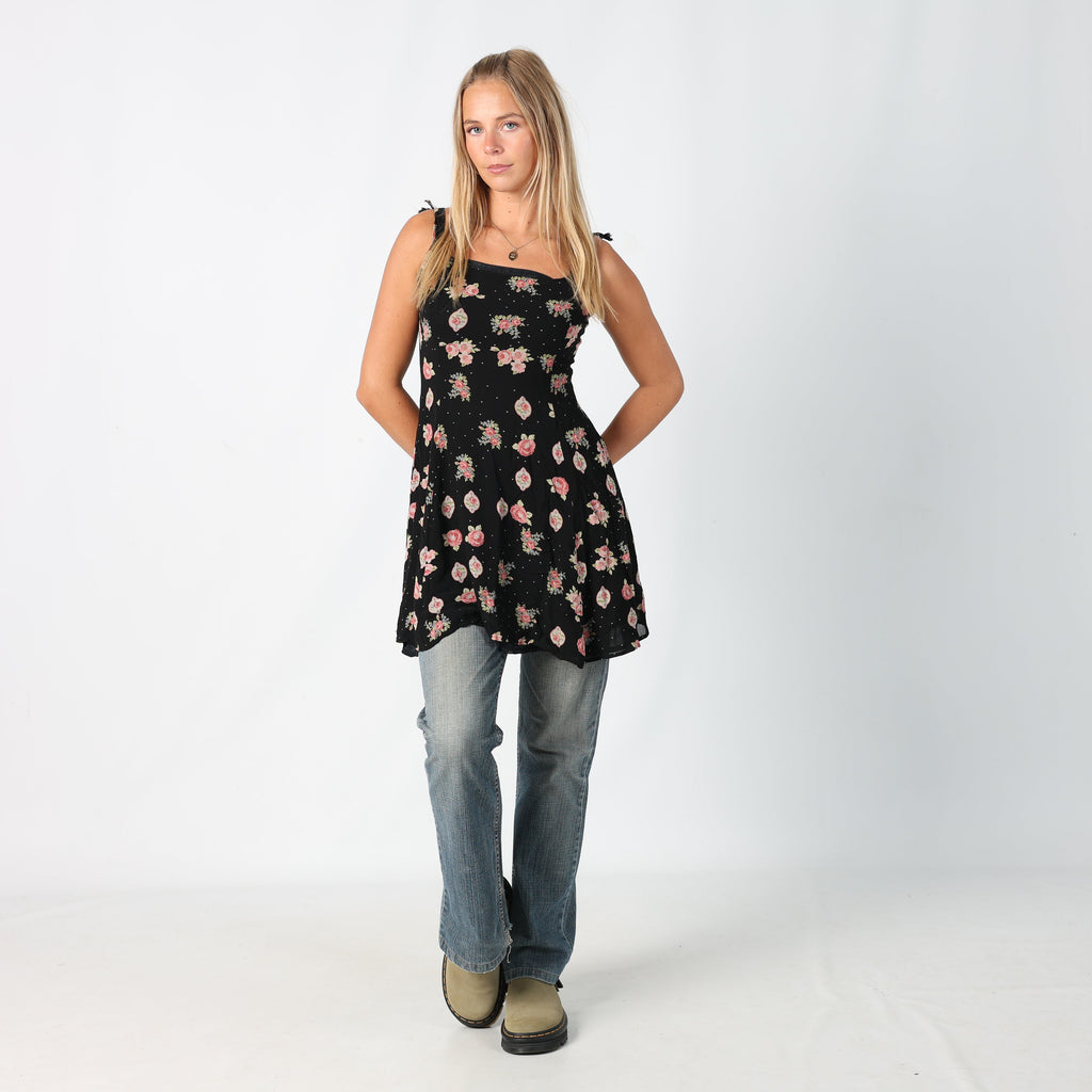 Black Y2K Printed Woven Midi Dress Floral (S)