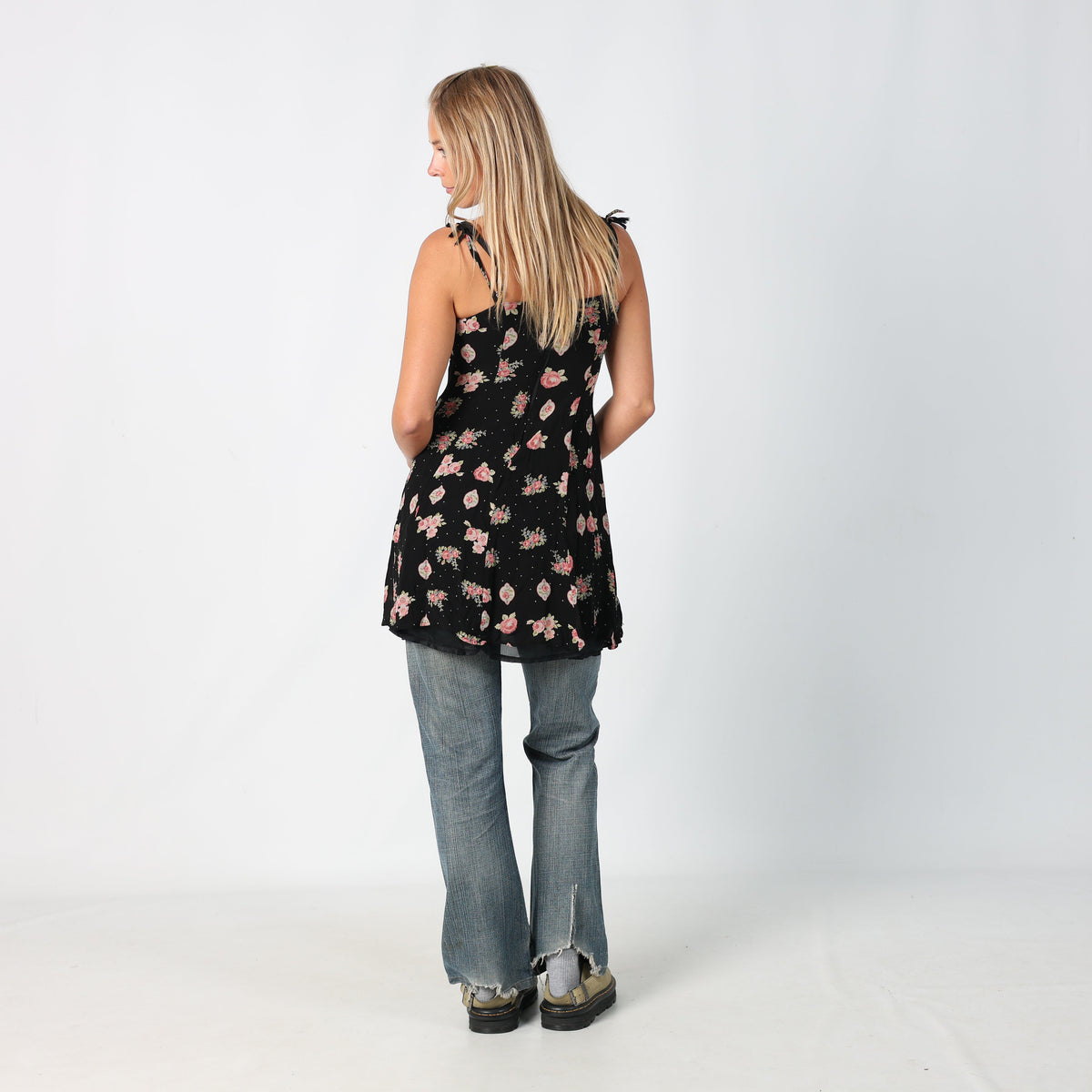 Black Y2K Printed Woven Midi Dress Floral (S)
