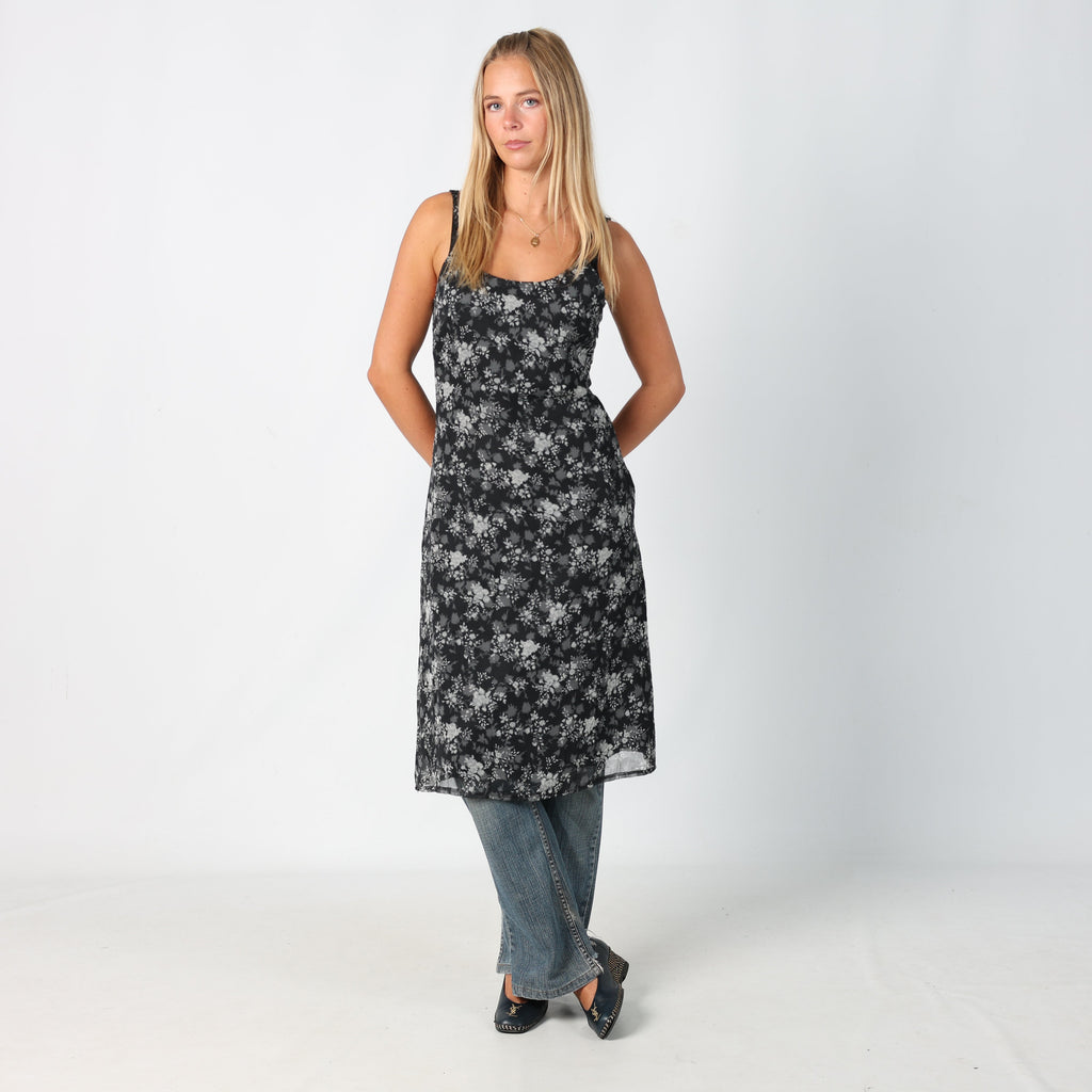Black Y2K Motivi Printed Woven Midi Dress Floral (M)