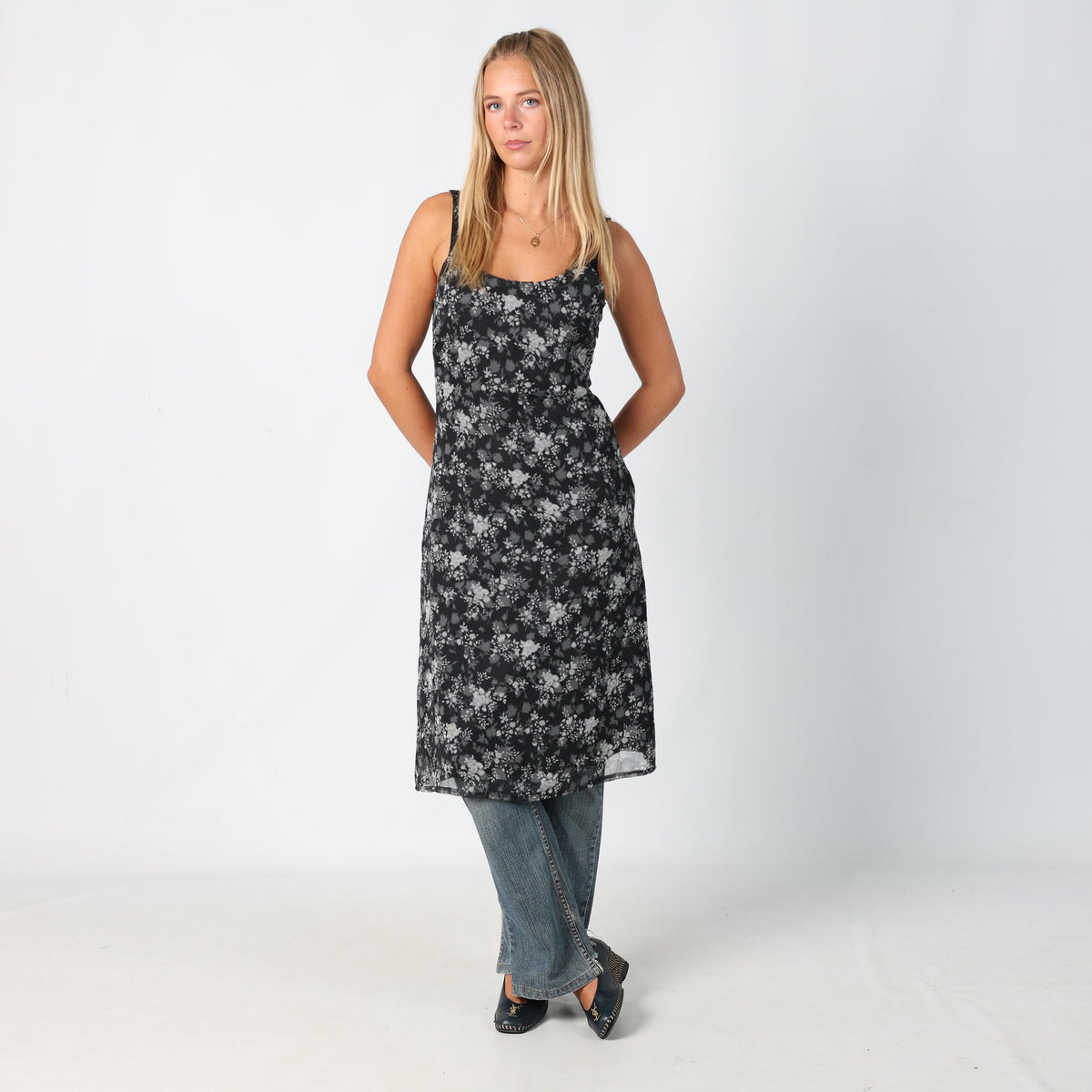 Black Y2K Motivi Printed Woven Midi Dress Floral (M)