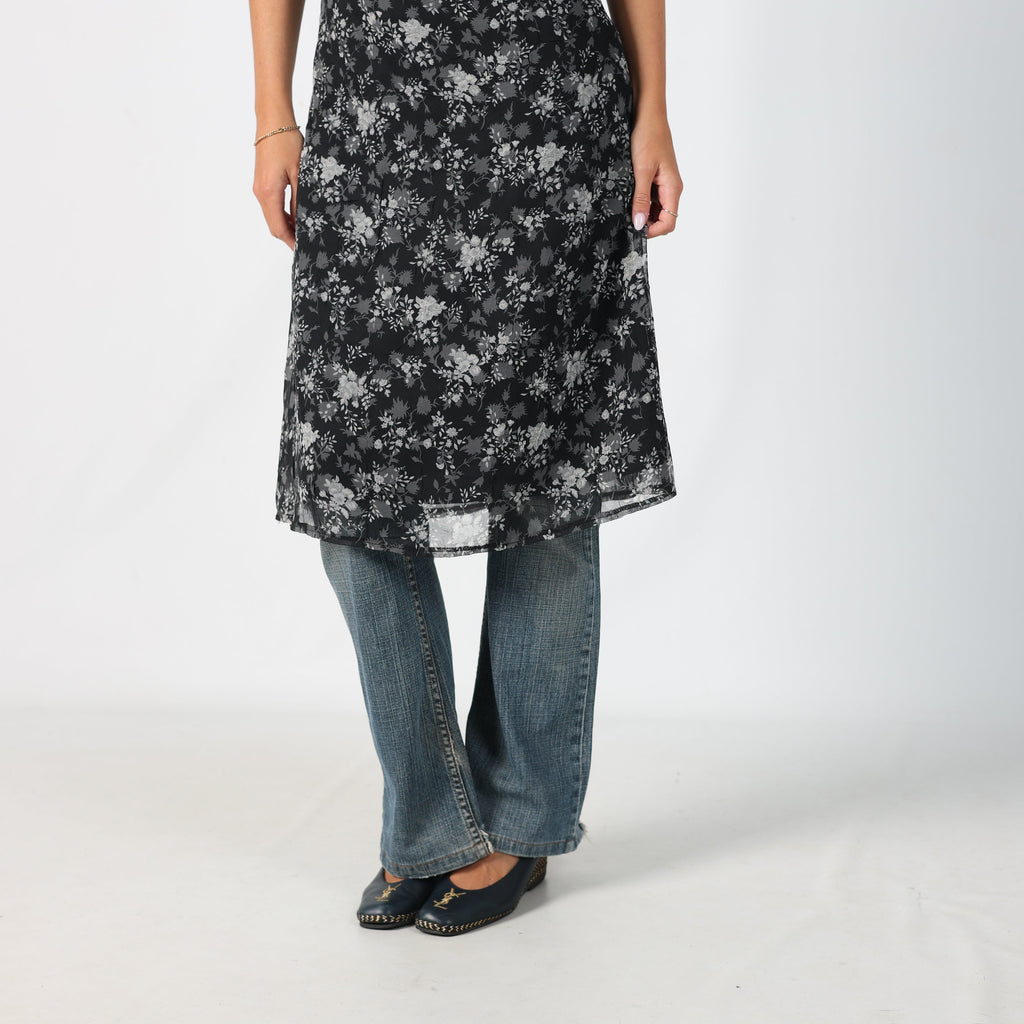 Black Y2K Motivi Printed Woven Midi Dress Floral (M)