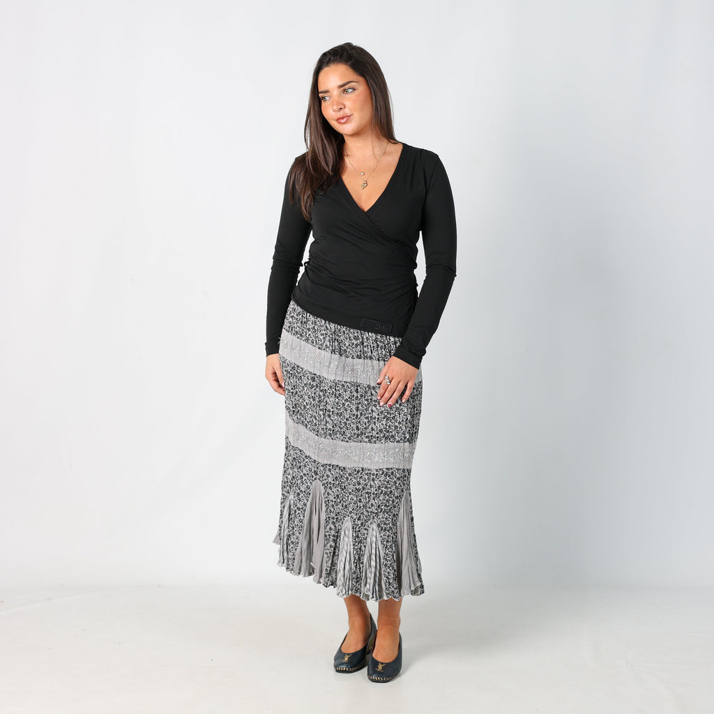 Light Grey Y2K Woven Maxi Skirt Sequin Floral (M)