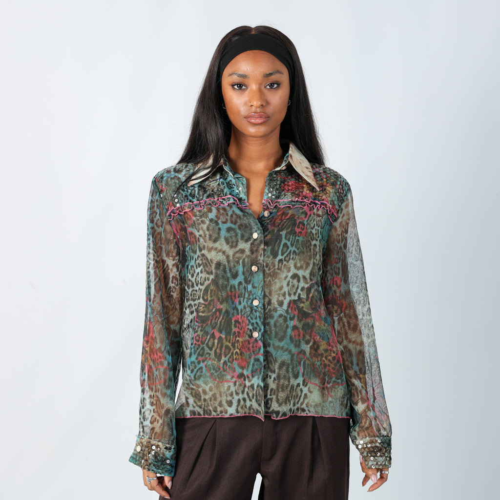 Blue Y2K Made in Italy Shirt Sheer Sequin (M)
