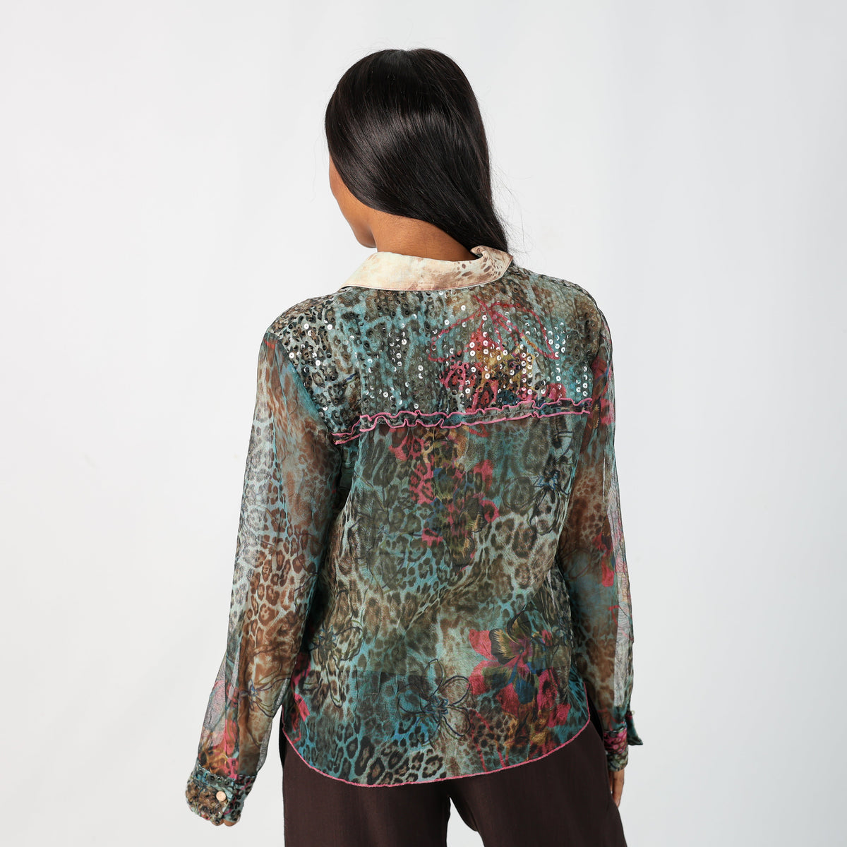 Blue Y2K Made in Italy Shirt Sheer Sequin (M)