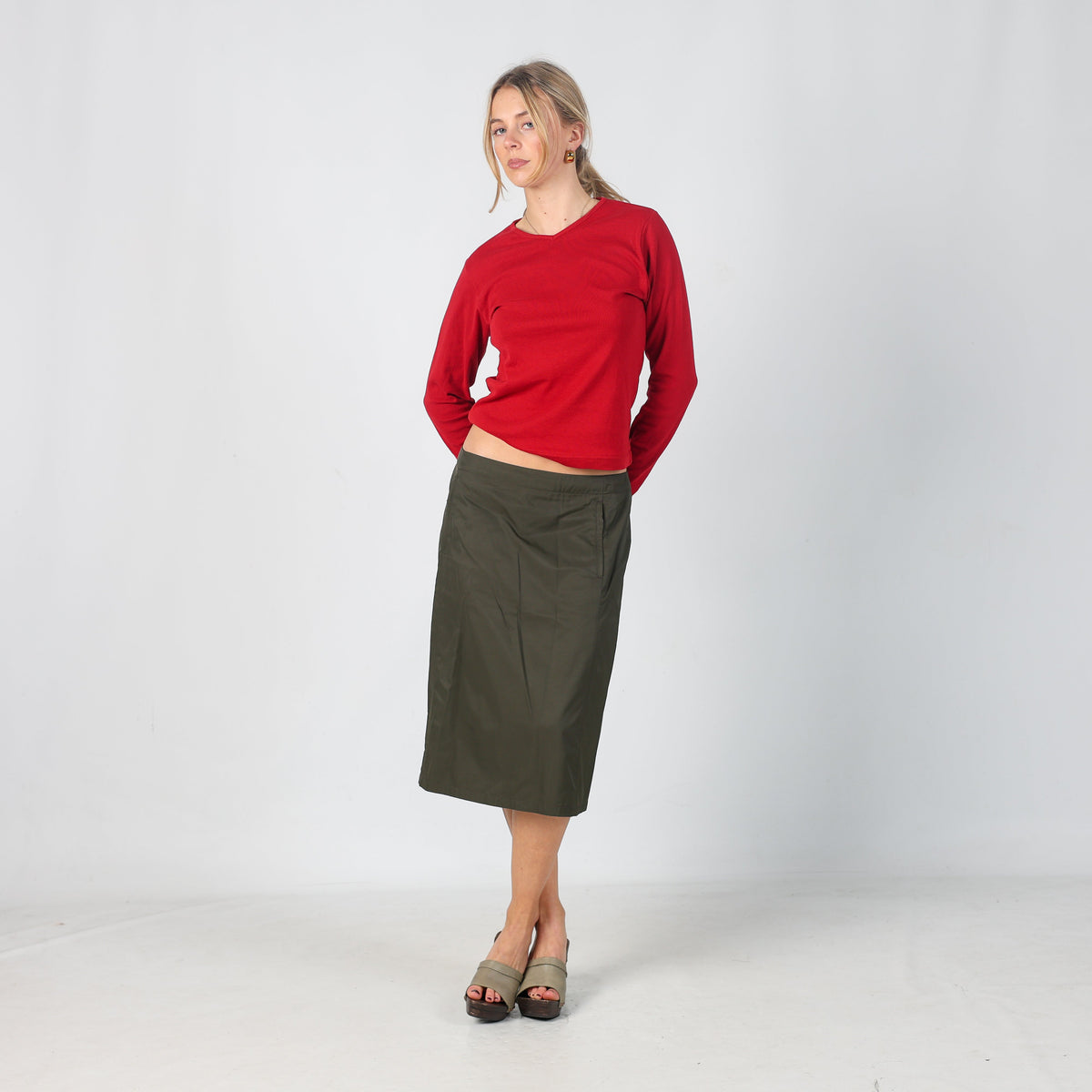 Dark Green Y2K Stefanel Woven Midi Skirt (M)