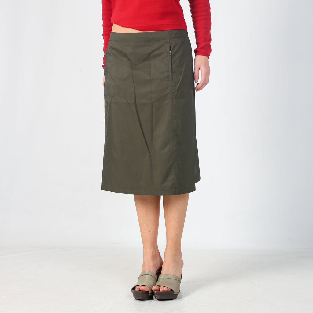 Dark Green Y2K Stefanel Woven Midi Skirt (M)