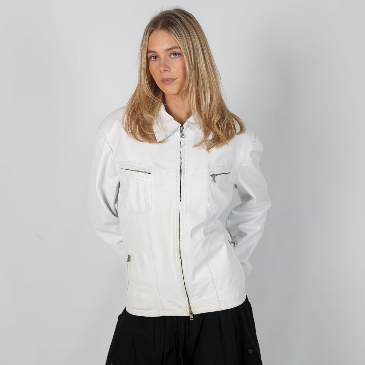 White Y2K Vera Pelle Leather Jacket (L)