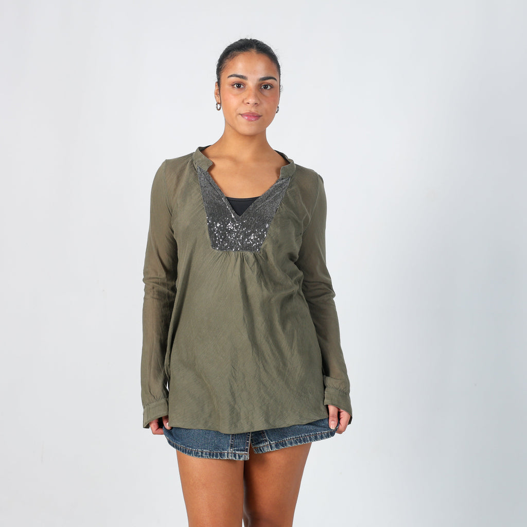 Dark Green Y2K Please Long Sleeve Top (L)