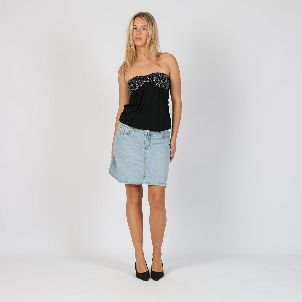 Light Blue Y2K Forbidden Zone Denim Midi Skirt (S)