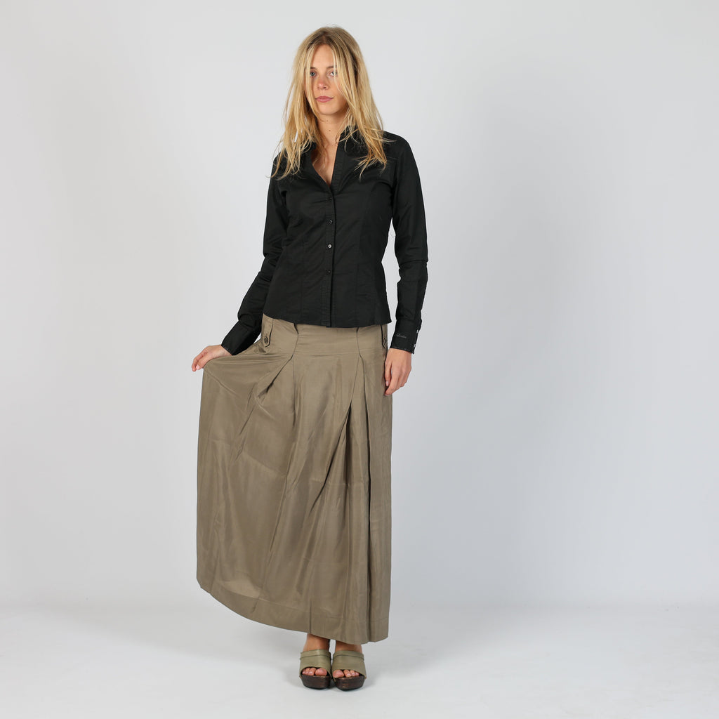 Khaki Green 90s Made in Italy Woven Maxi Skirt 100% Silk (S)