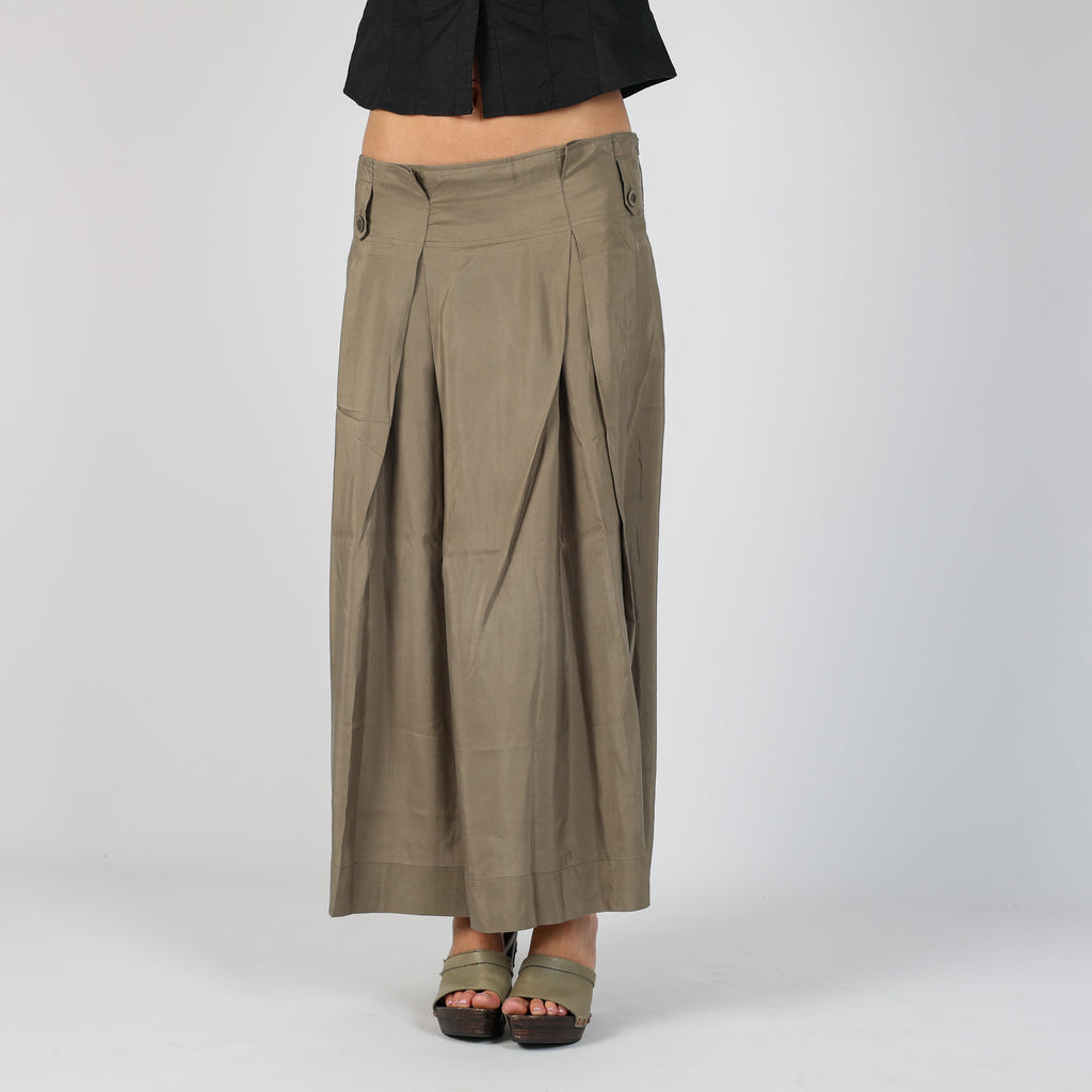 Khaki Green 90s Made in Italy Woven Maxi Skirt 100% Silk (S)