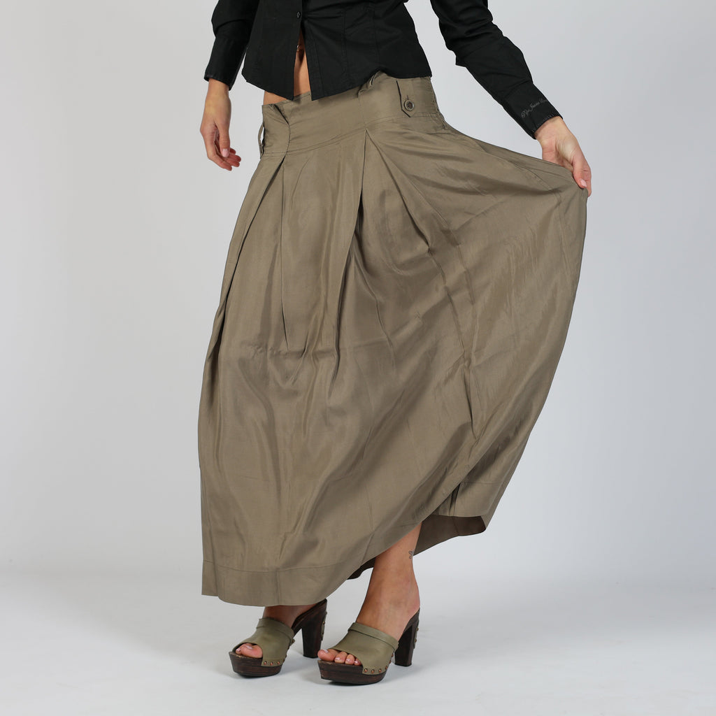 Khaki Green 90s Made in Italy Woven Maxi Skirt 100% Silk (S)