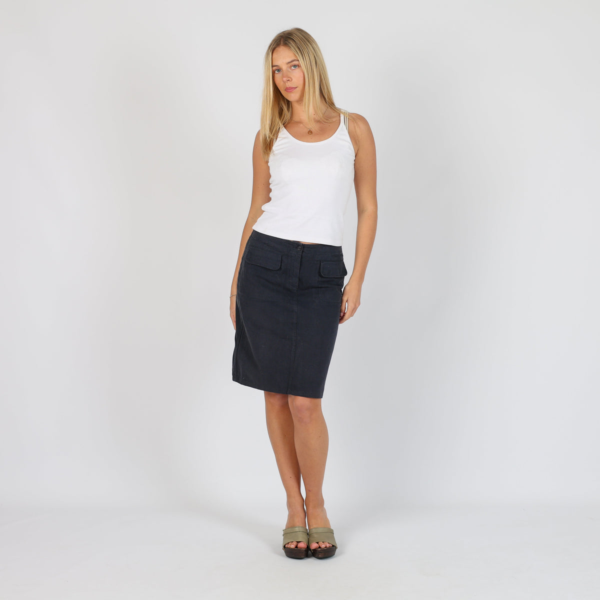 Navy Blue 90s United Colors of Benetton Woven Midi Skirt (S)