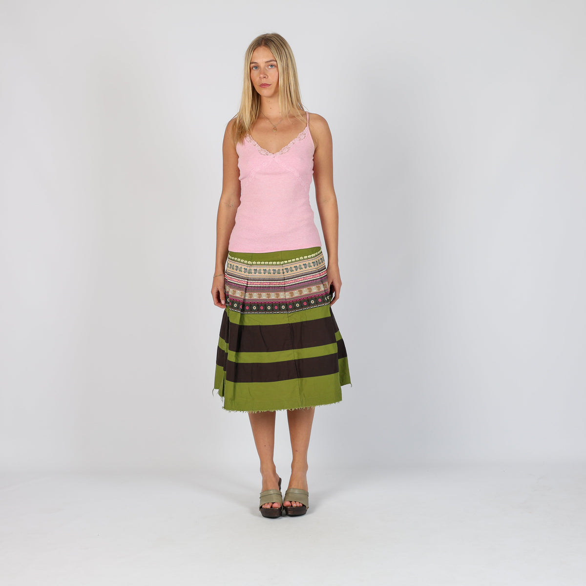 Light Green 90s United Colors of Benetton Woven Midi Skirt (XS)