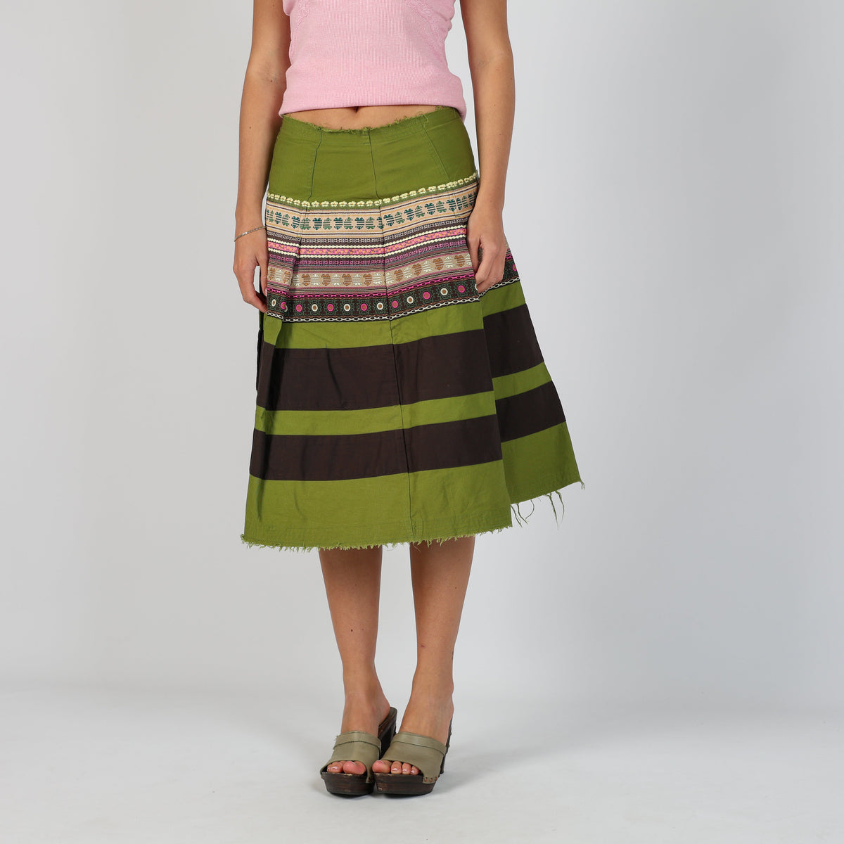 Light Green 90s United Colors of Benetton Woven Midi Skirt (XS)
