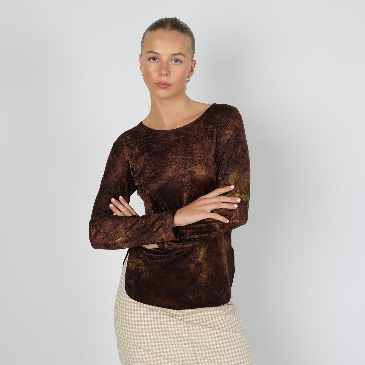 Brown 90s Made in Italy Long Sleeve Top Velour (S)