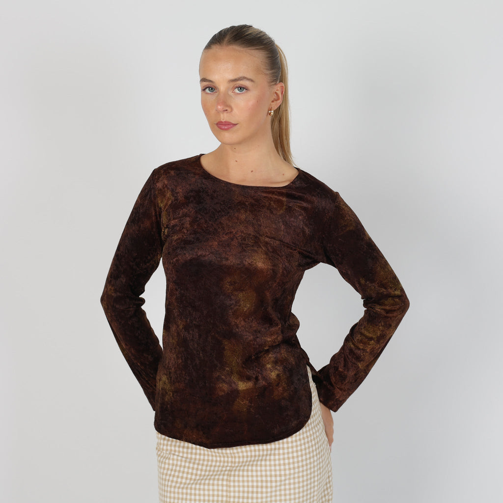 Brown 90s Made in Italy Long Sleeve Top Velour (S)
