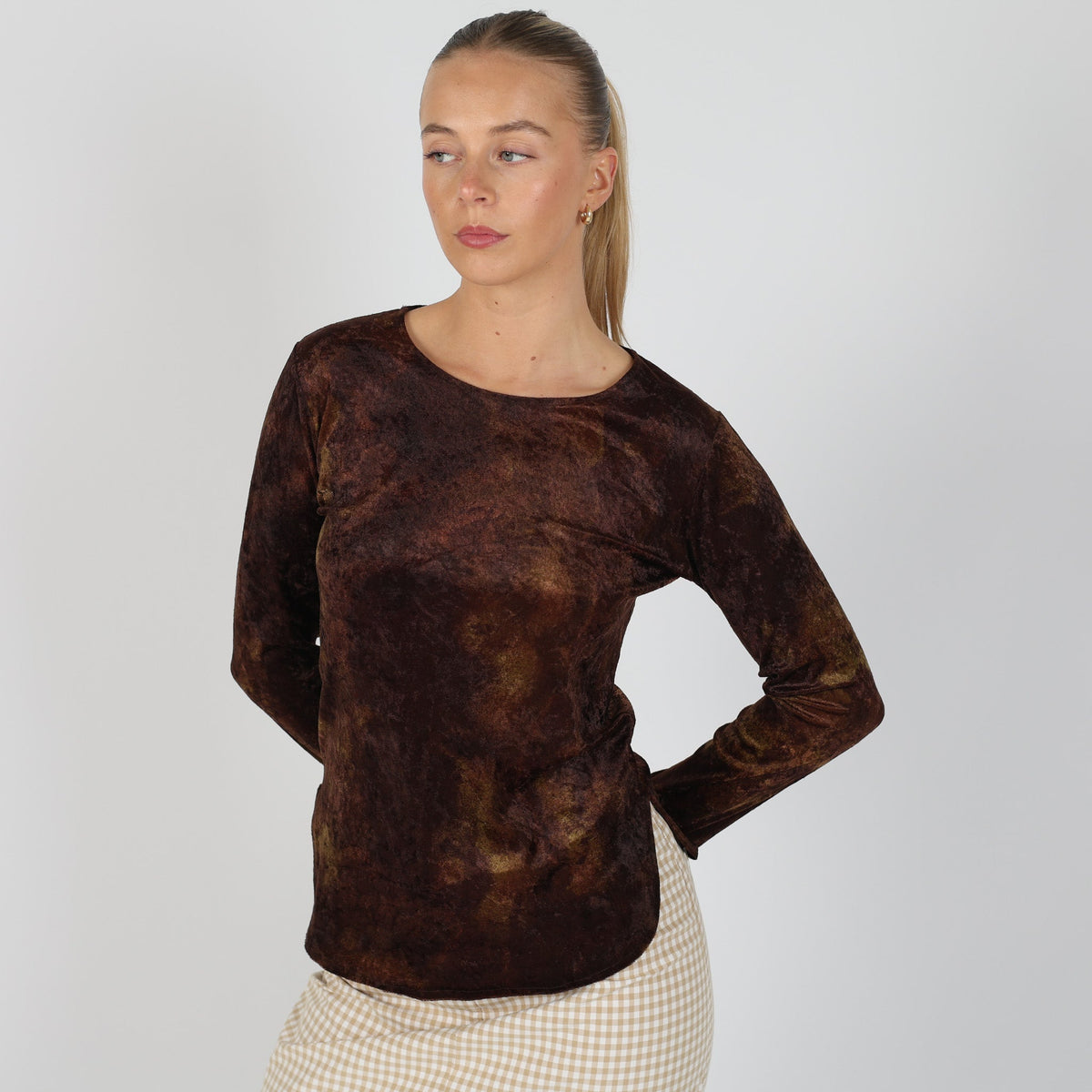 Brown 90s Made in Italy Long Sleeve Top Velour (S)