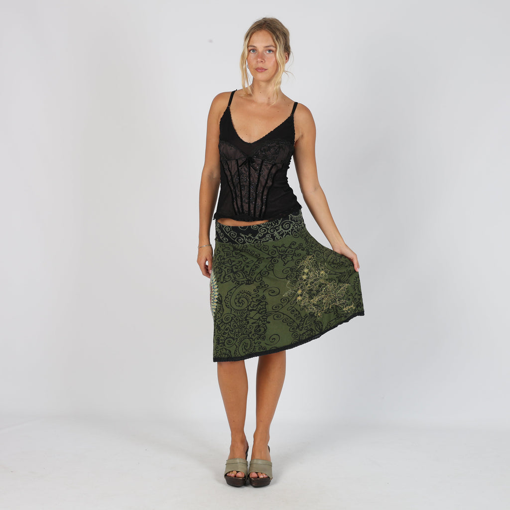 Dark Green Y2K Desigual Woven Midi Skirt (M)