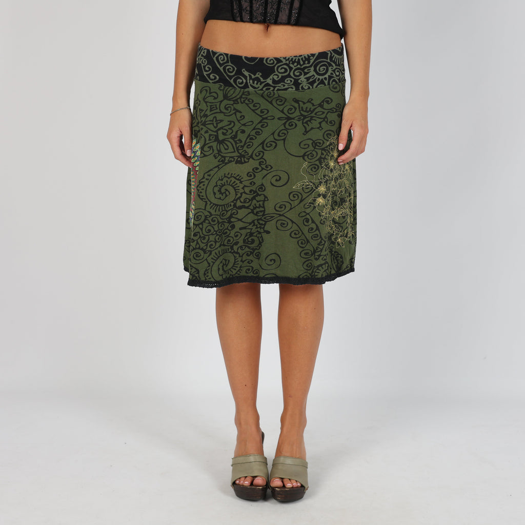 Dark Green Y2K Desigual Woven Midi Skirt (M)