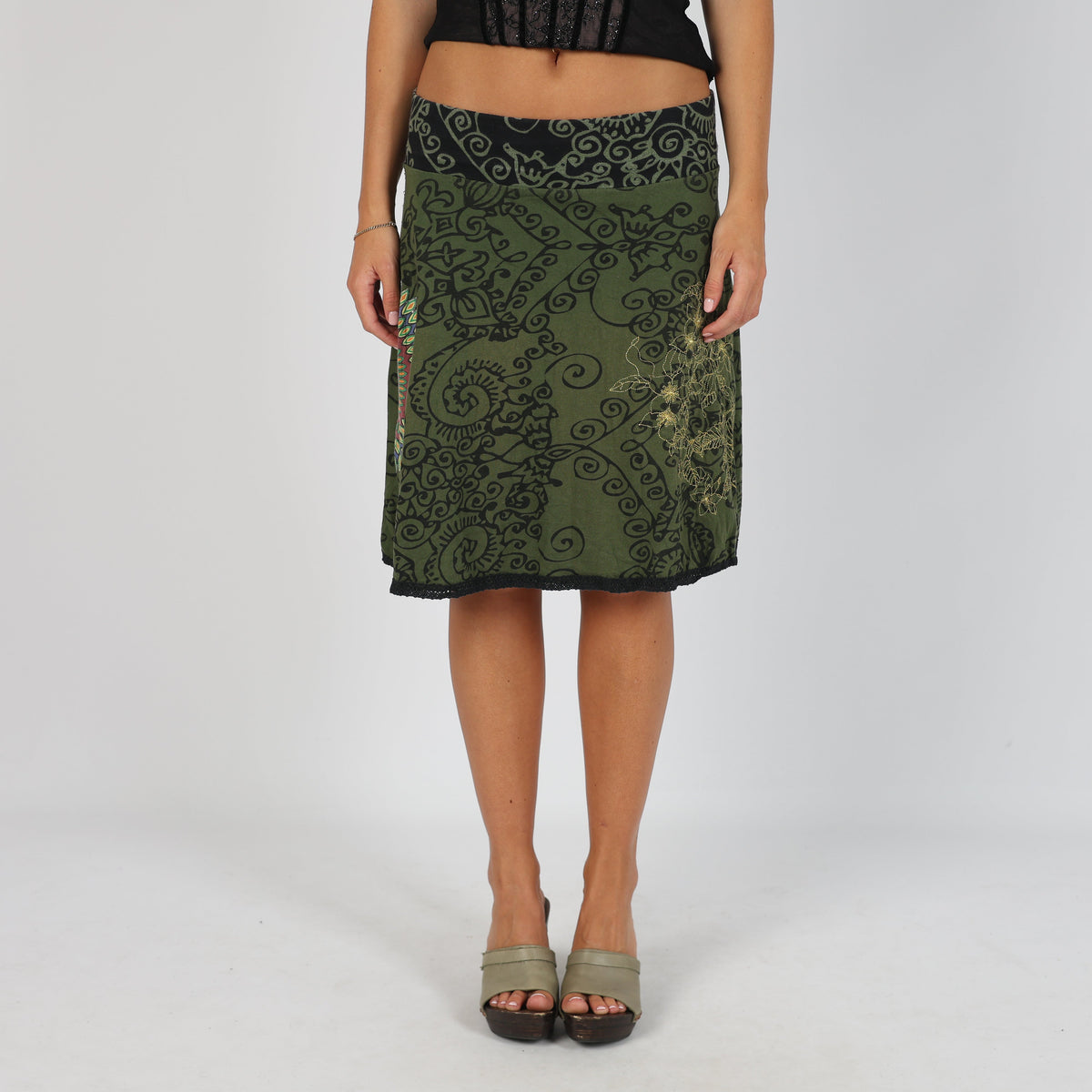 Dark Green Y2K Desigual Woven Midi Skirt (M)