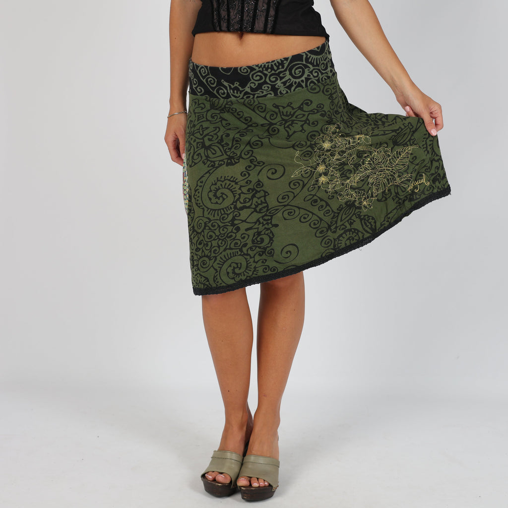 Dark Green Y2K Desigual Woven Midi Skirt (M)