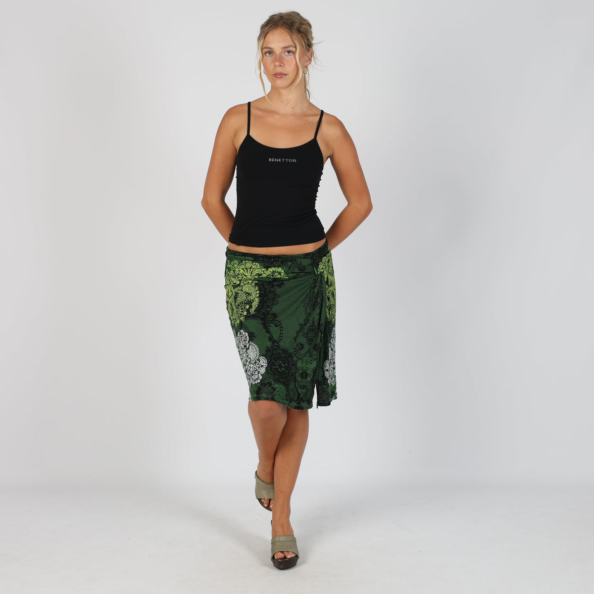 Dark Green Y2K Desigual Woven Midi Skirt (S)