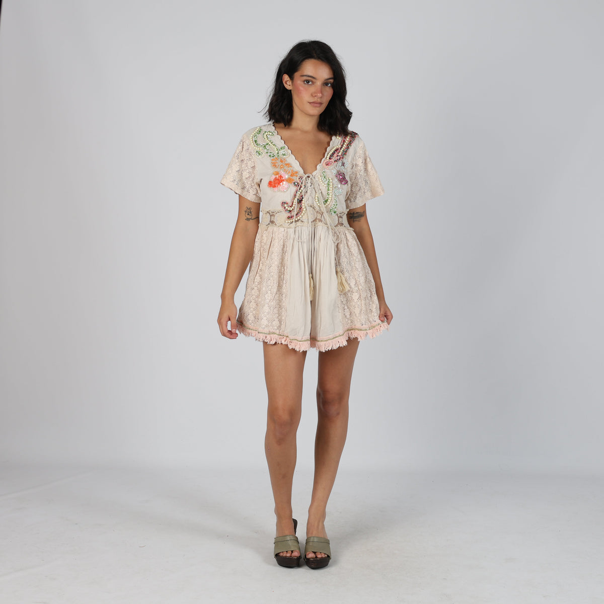 Beige Y2K Giacamo Cingue Woven Mini Dress (L)