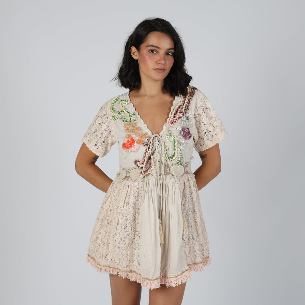 Beige Y2K Giacamo Cingue Woven Mini Dress (L)