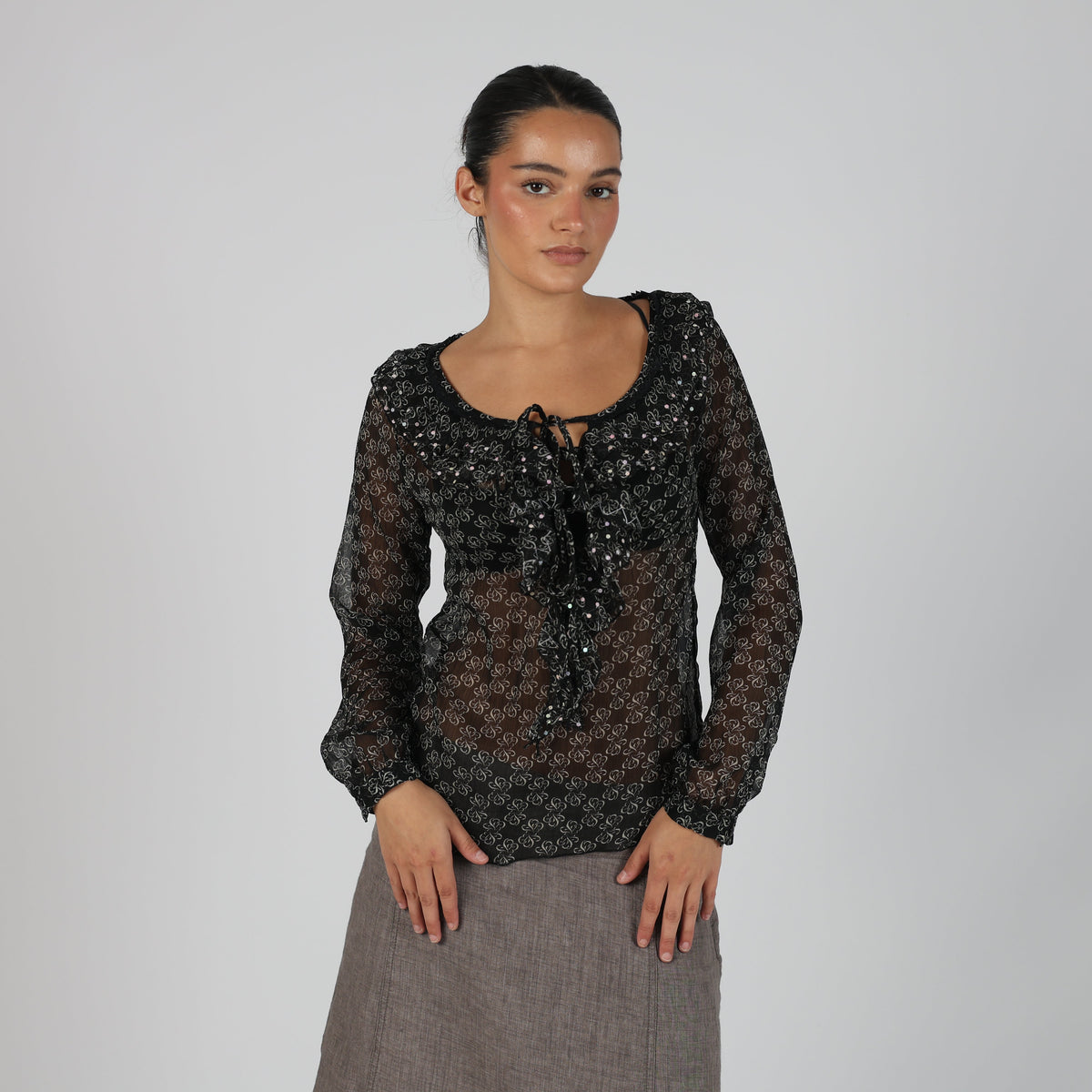 Black Y2K Lapo Galleri Blouse Semi Sheer (S)