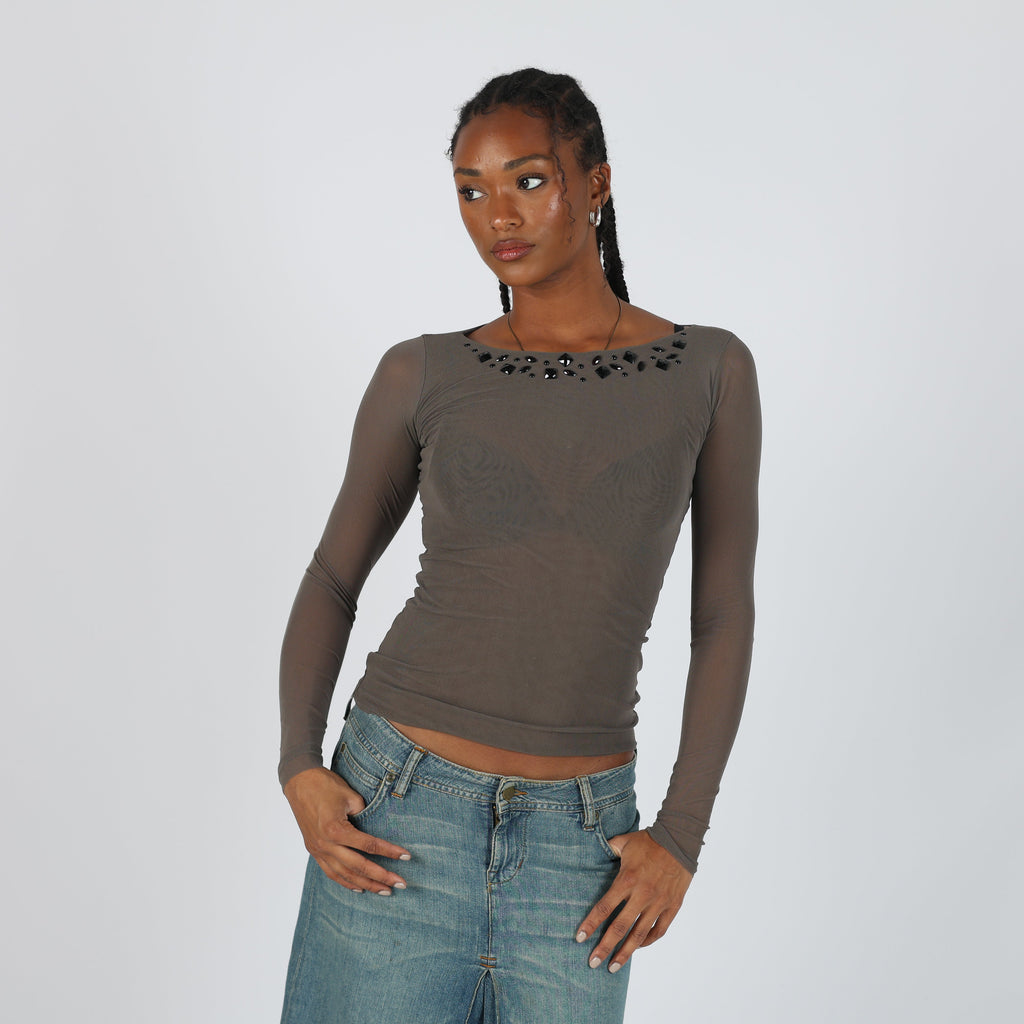 Grey Y2K Made in Italy Long Sleeve Top Semi Sheer (XS)