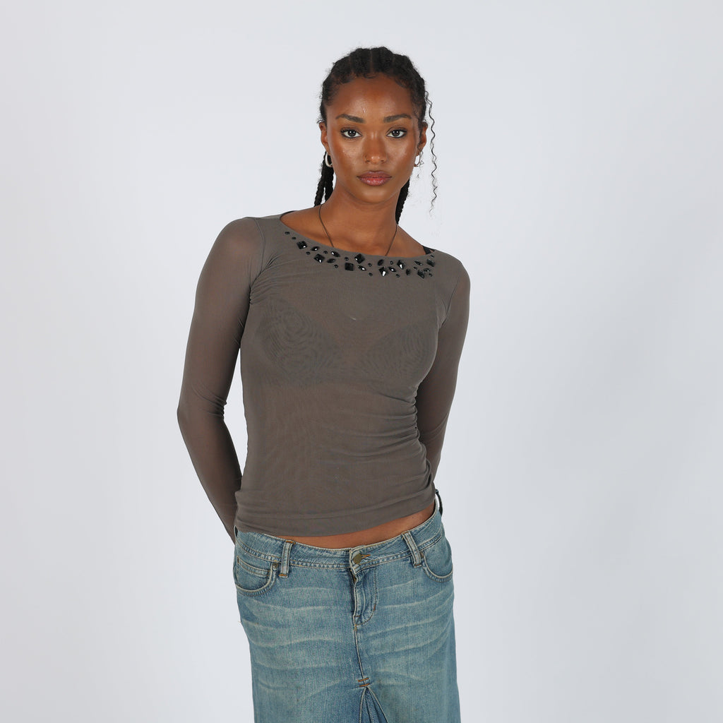 Grey Y2K Made in Italy Long Sleeve Top Semi Sheer (XS)