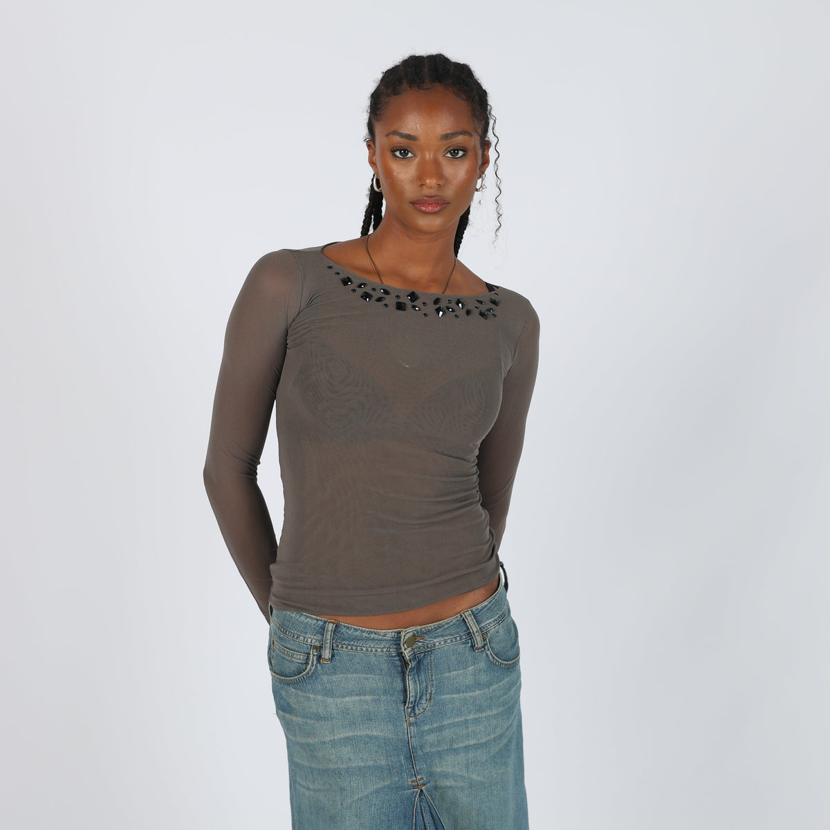 Grey Y2K Made in Italy Long Sleeve Top Semi Sheer (XS)