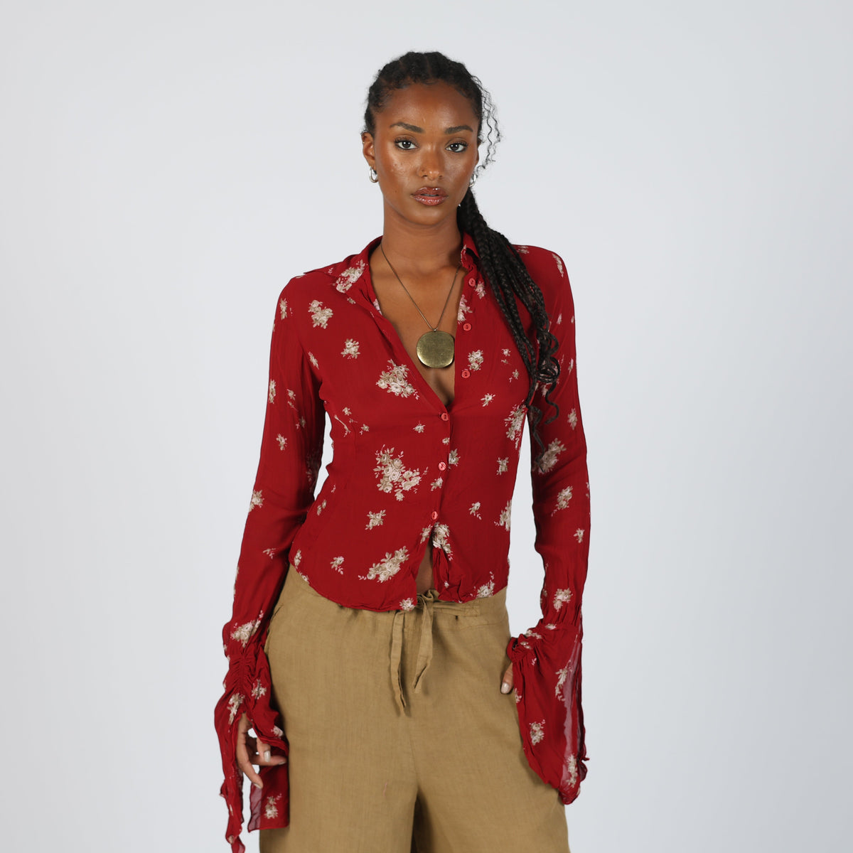 Burgundy Red Y2K Rossella Spera Blouse Semi Sheer (S)