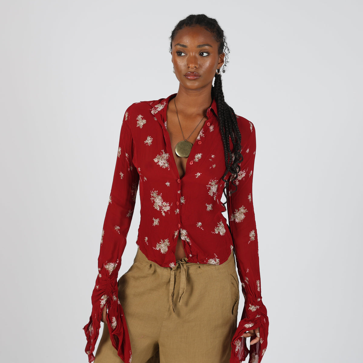 Burgundy Red Y2K Rossella Spera Blouse Semi Sheer (S)