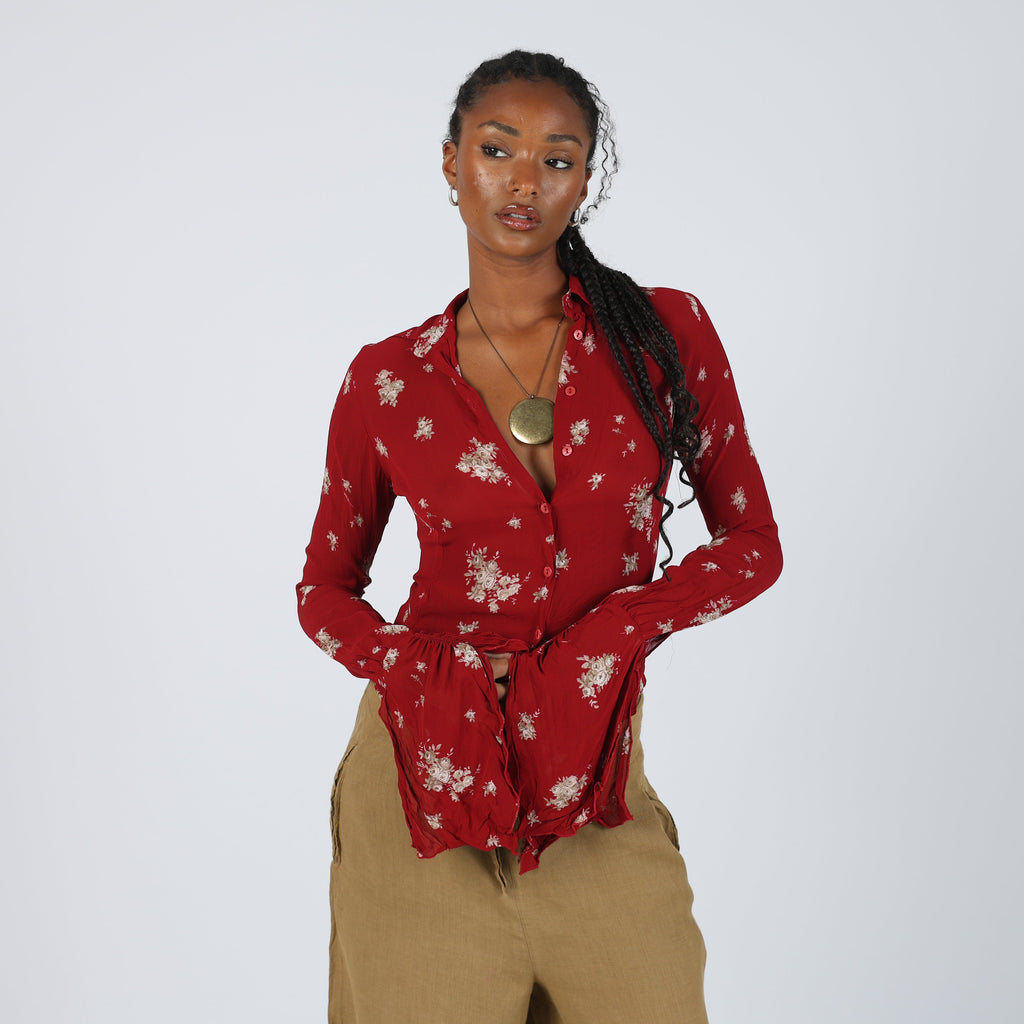 Burgundy Red Y2K Rossella Spera Blouse Semi Sheer (S)