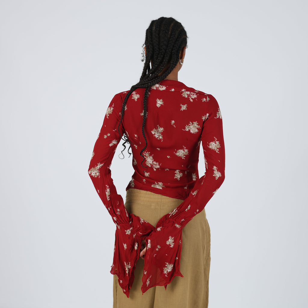 Burgundy Red Y2K Rossella Spera Blouse Semi Sheer (S)