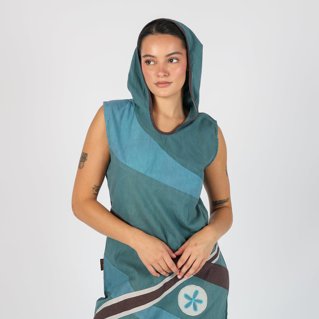 Blue Y2K Guru Woven Midi Dress Hooded (M)