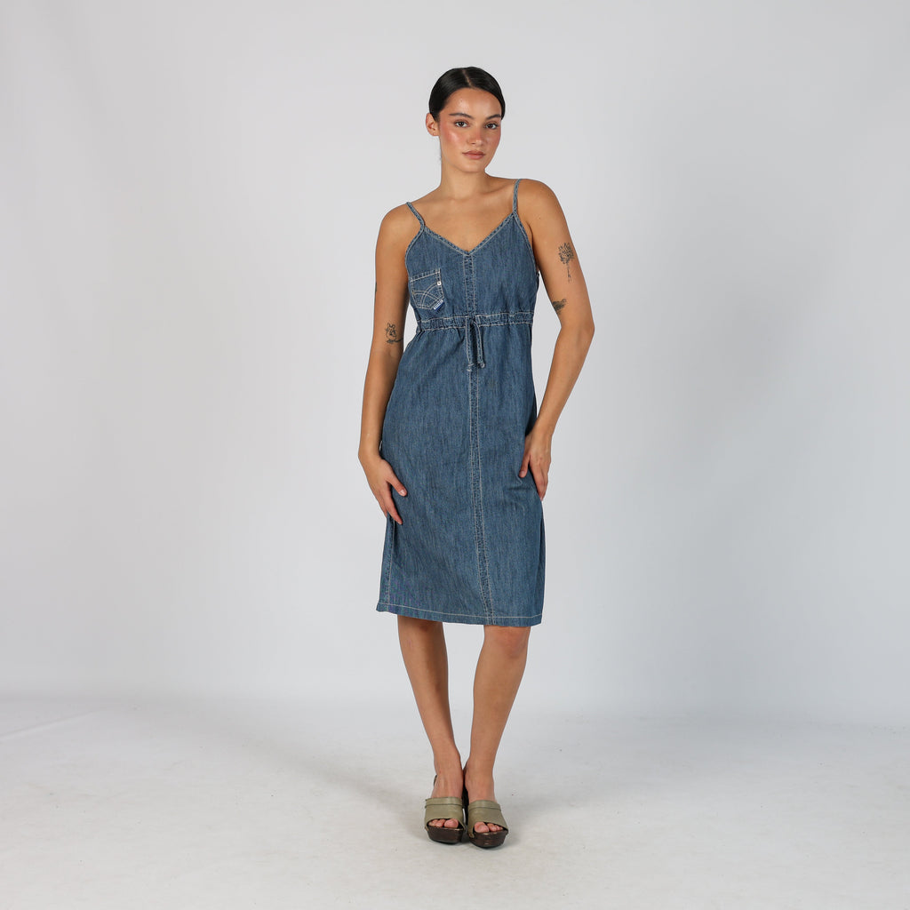 Blue Y2K Sweep Denim Midi Dress (M)