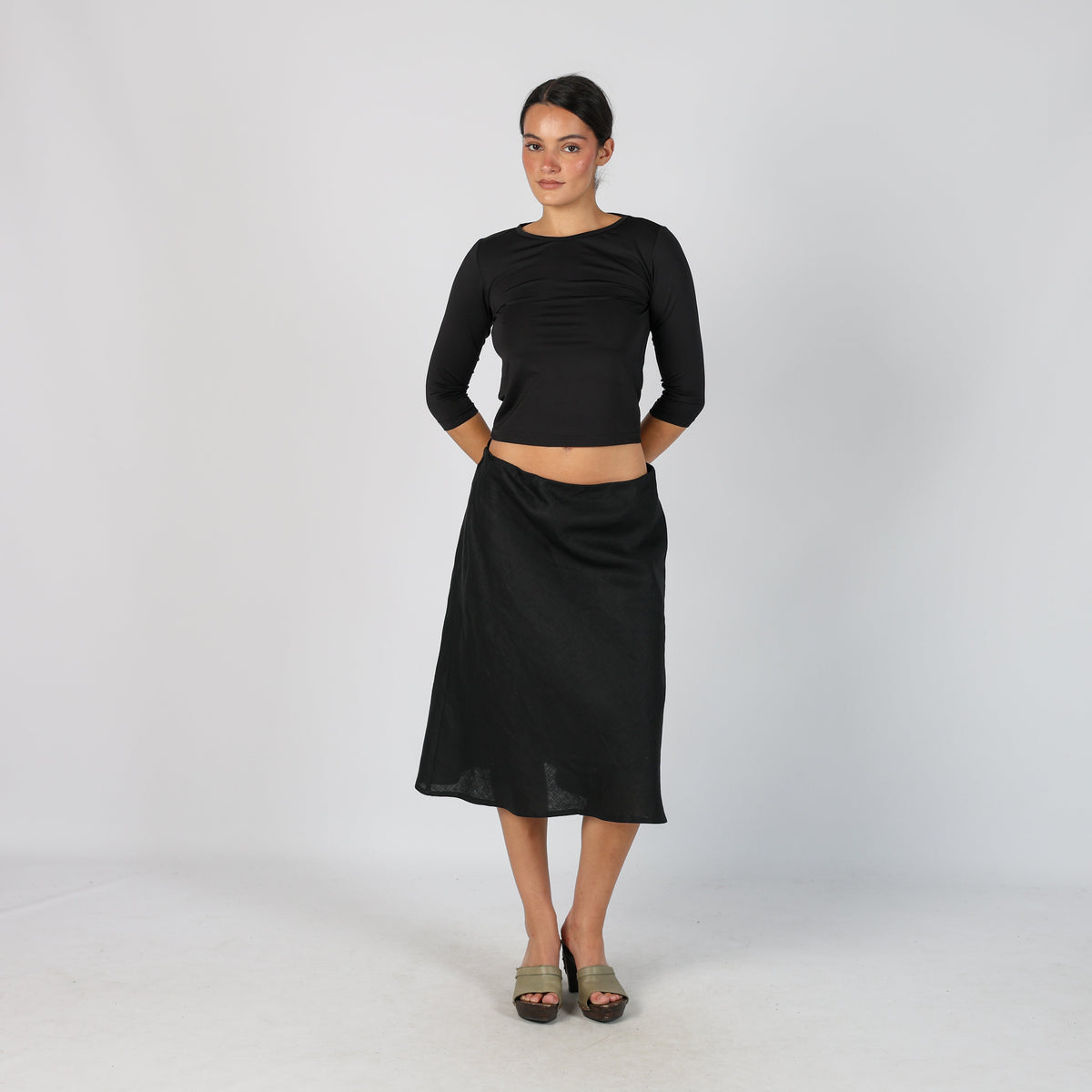 Black Y2K Woven Midi Skirt Linen (M)