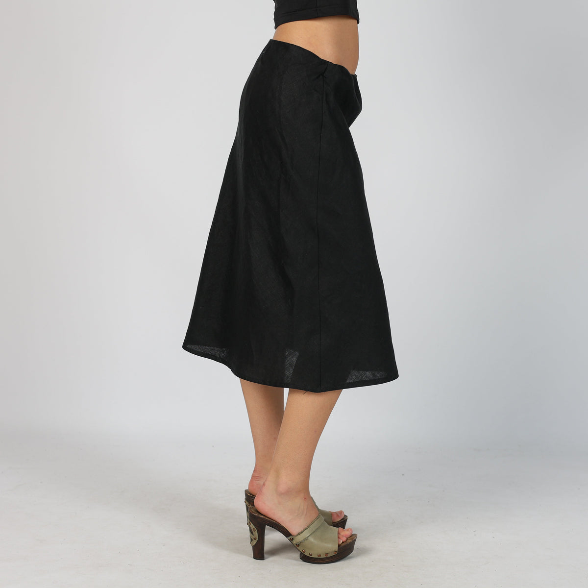 Black Y2K Woven Midi Skirt Linen (M)