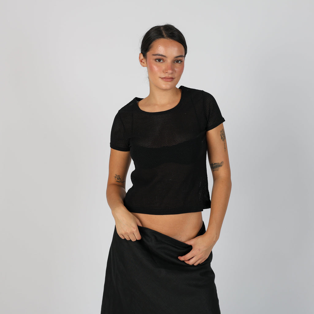 Black Y2K Made in Italy Woven Top Semi Sheer (S)