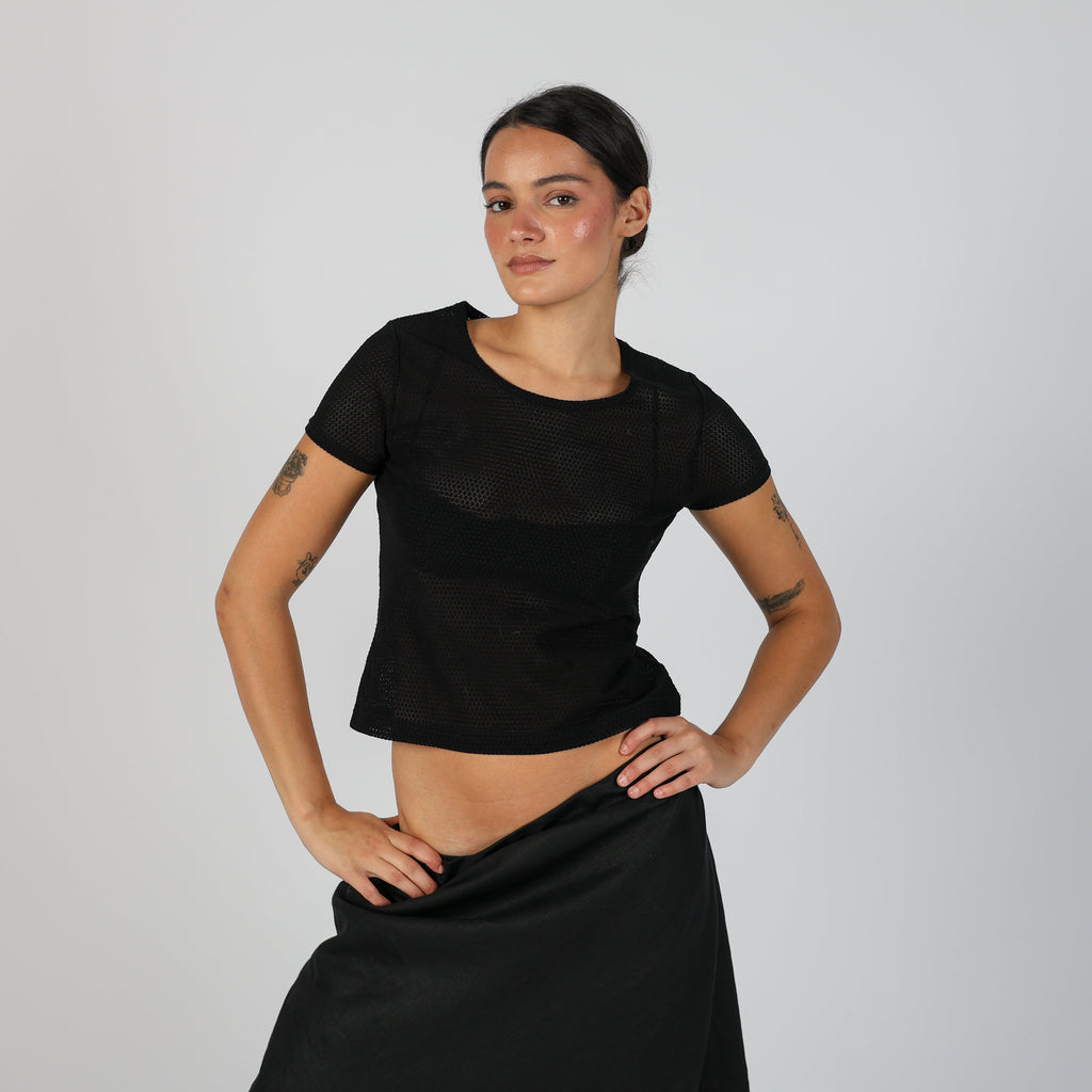 Black Y2K Made in Italy Woven Top Semi Sheer (S)