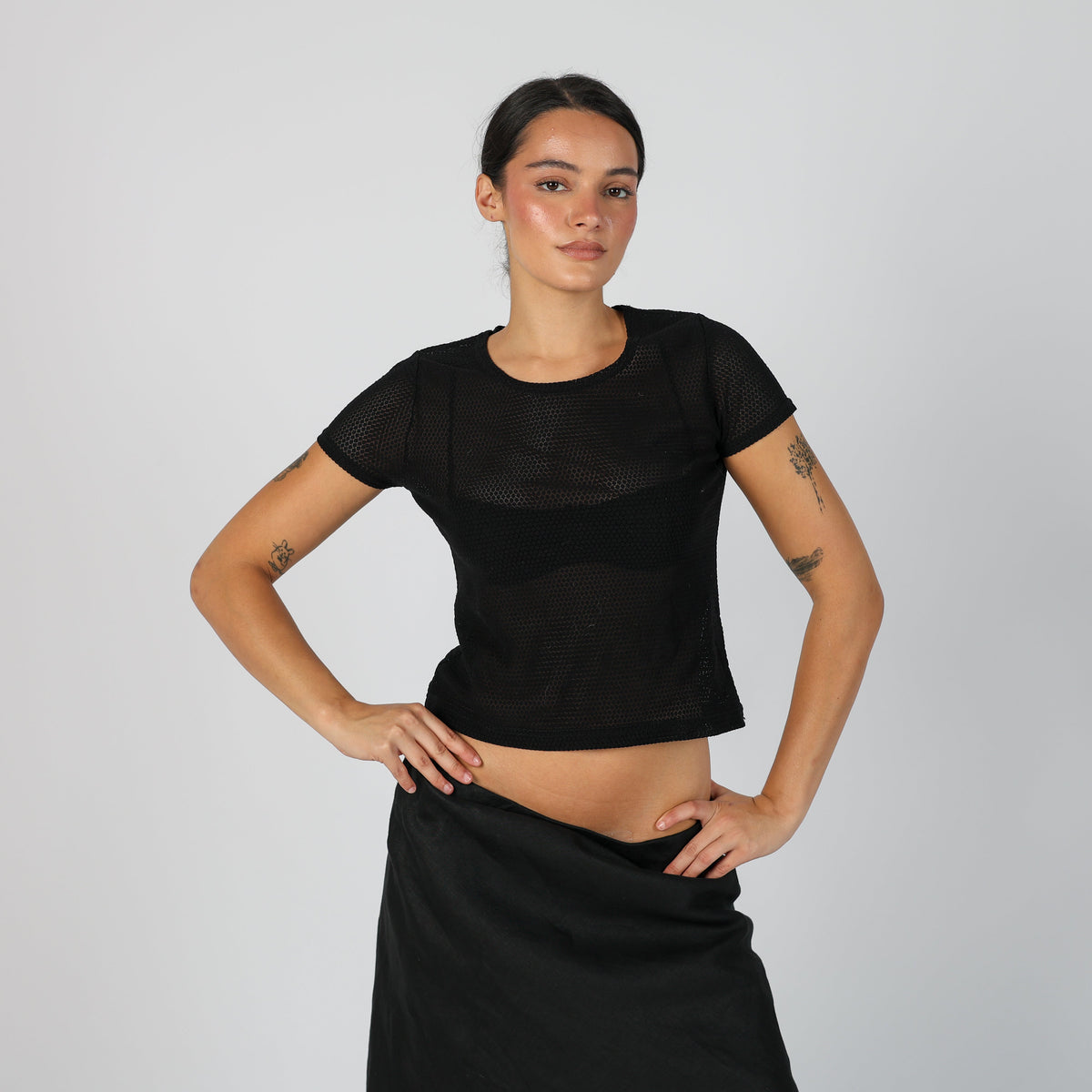 Black Y2K Made in Italy Woven Top Semi Sheer (S)