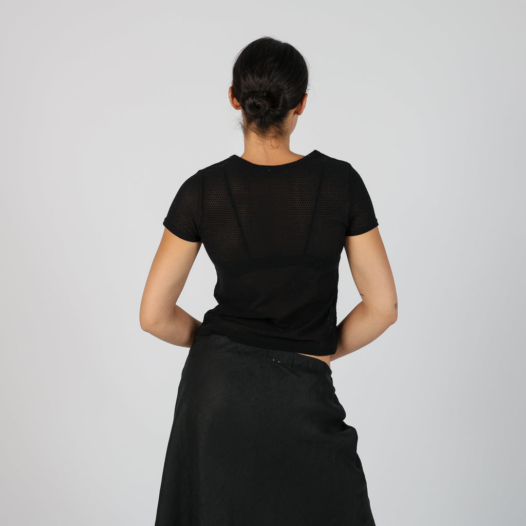 Black Y2K Made in Italy Woven Top Semi Sheer (S)